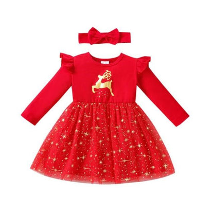 Girl's Christmas Reindeer Floral Dress