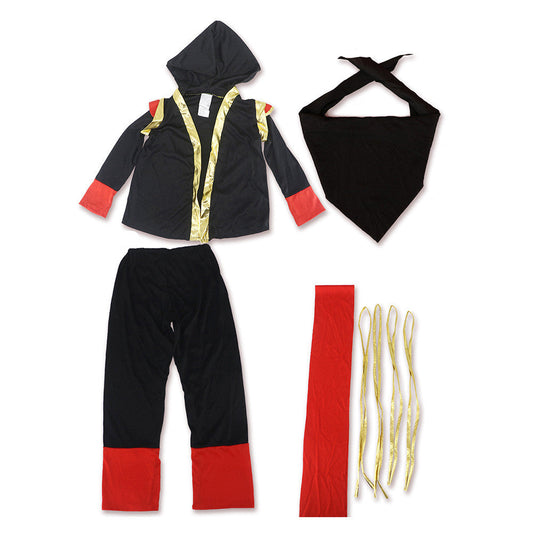Children's black and red ninja costume with top, pants, armor, mask, belt, headwear, and bandages.
