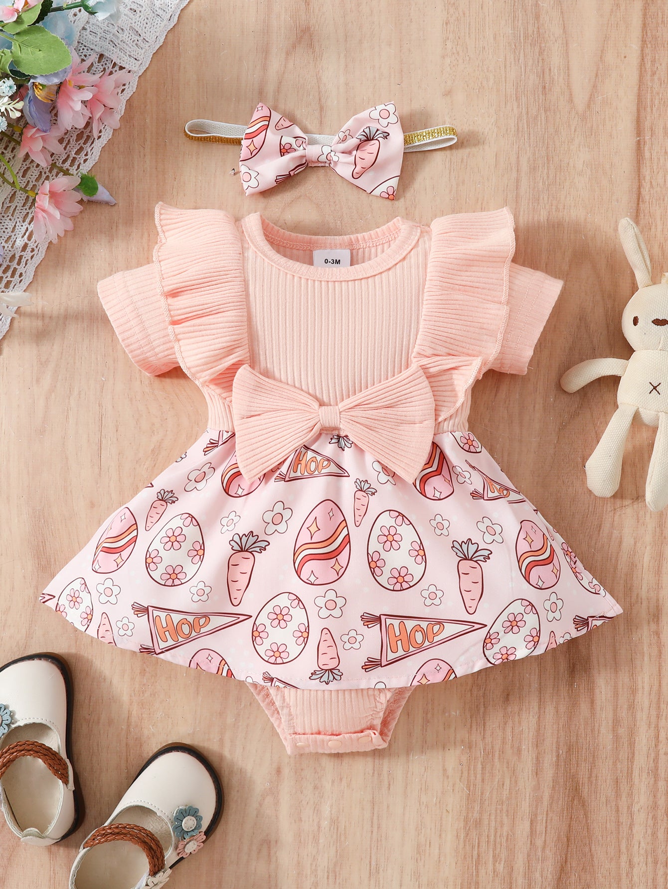 Baby's Easter Floral Egg Bow Two Pieces Triangle Romper