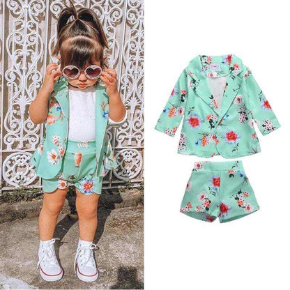Girls Spring Western Style Flower Jacket And Shorts Suit