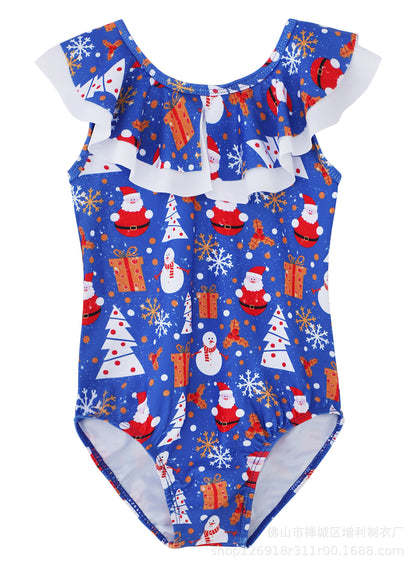 Girls' Christmas Printing Quick-drying One-piece Polyester Swimsuit