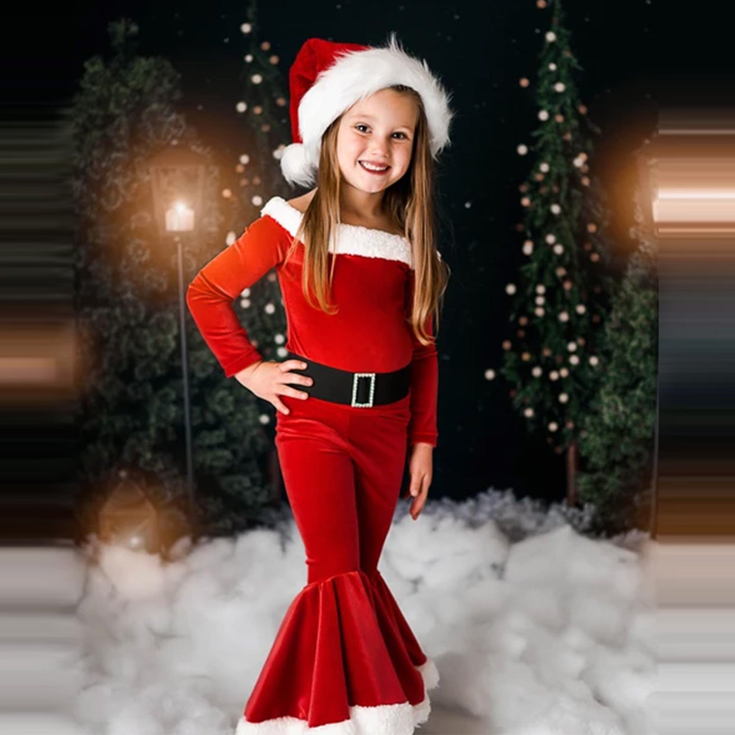 Winter Christmas Long-sleeved Shirt Bell Bottoms Pants With Hat Three-piece Set