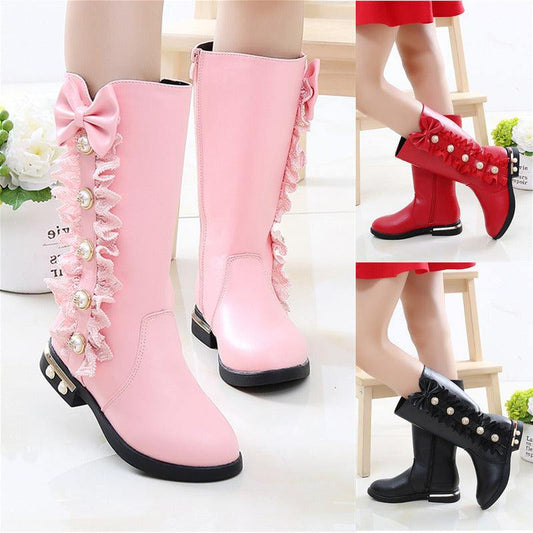 Fleece-lined girls' boots in pink, red, and black for autumn and winter, featuring side zipper and decorative bows.