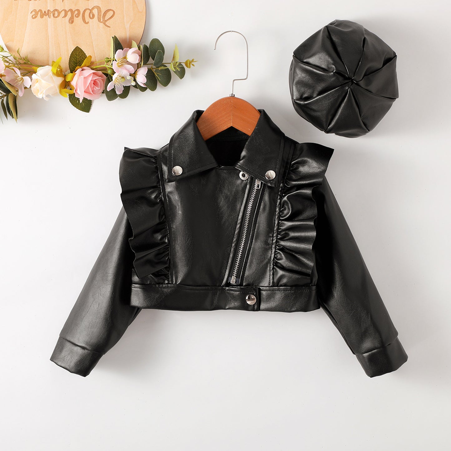 Girls Short Fashionable Ruffle Leather Jacket