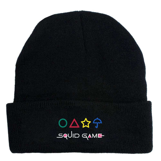 Simple knitted beanie with 2D digital printing, wool material, flat top style, black color, Squid Game design.