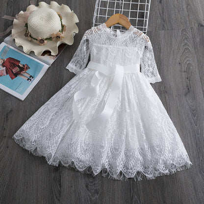 Girls Spring and Autumn Quarter Sleeve Lace Dress