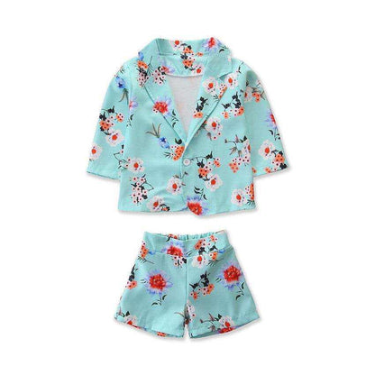 Girls Spring Western Style Flower Jacket And Shorts Suit