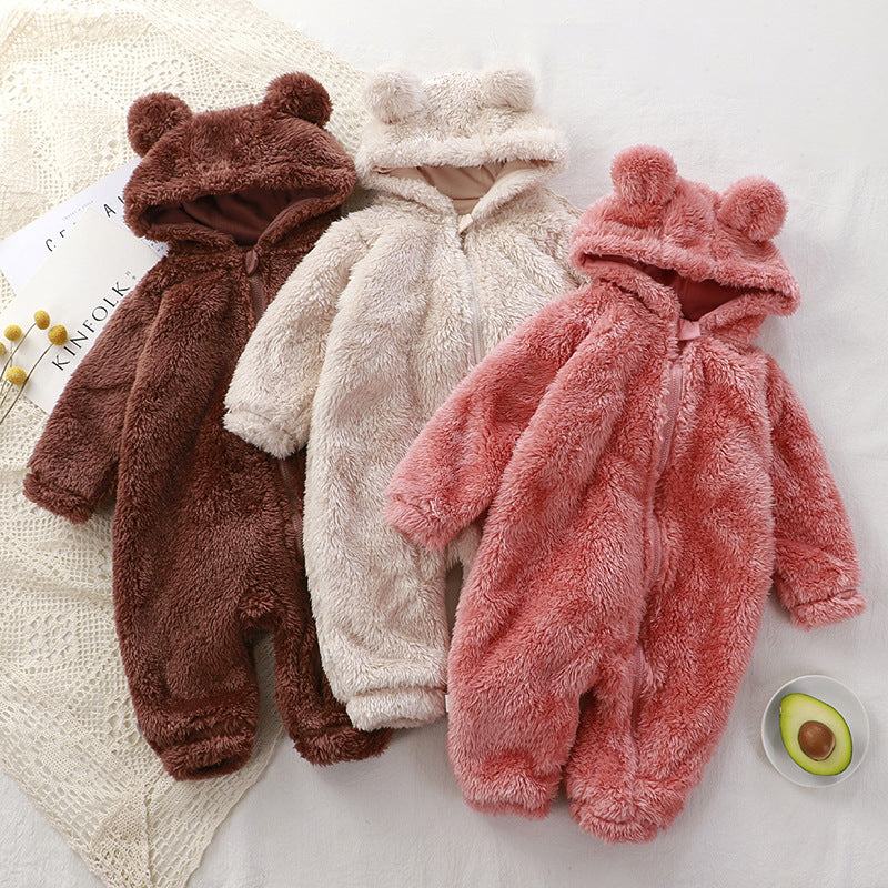 Baby Winter Newborn Warm Plush Romper in brown, beige, and pink colors with bear ears.