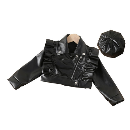 Girls Short Fashionable Ruffle Leather Jacket