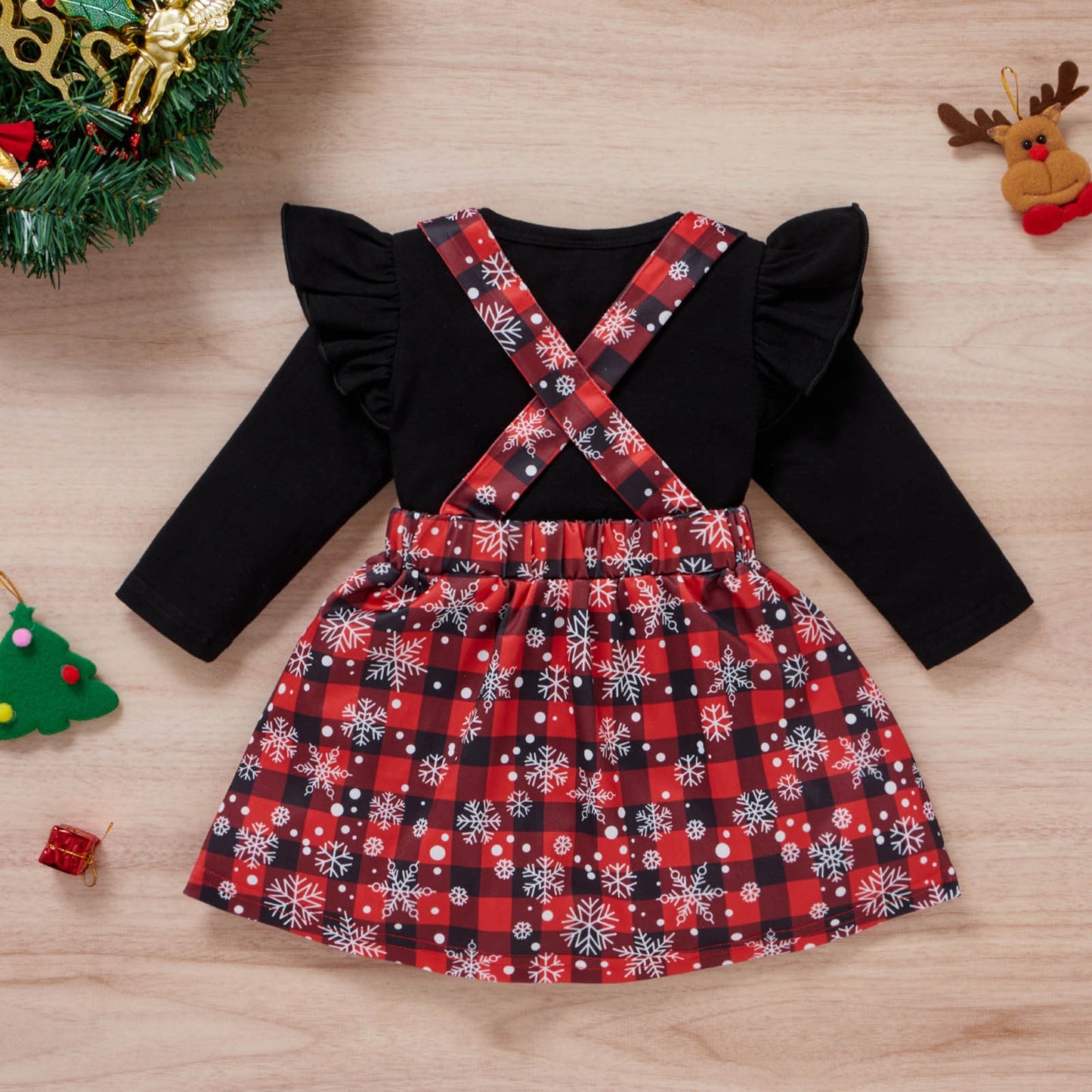 Baby Girls Christmas Print Ruffle Long Sleeve T-shirt Plaid Skirts Set