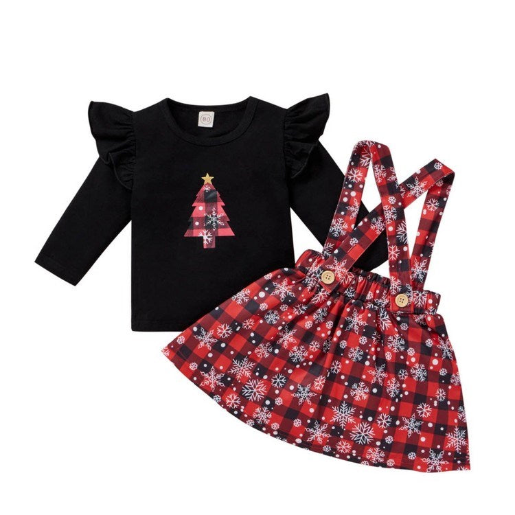 Baby Girls Christmas Print Ruffle Long Sleeve T-shirt Plaid Skirts Set