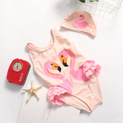 Girls Flamingo One-piece Swimsuit with swim cap