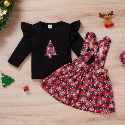 Baby Girls Christmas Print Ruffle Long Sleeve T-shirt Plaid Skirts Set