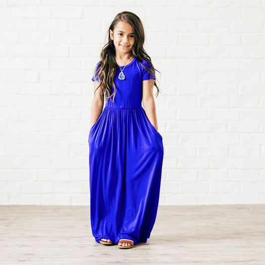 Girls Short Sleeve Solid Color Dress with Pockets