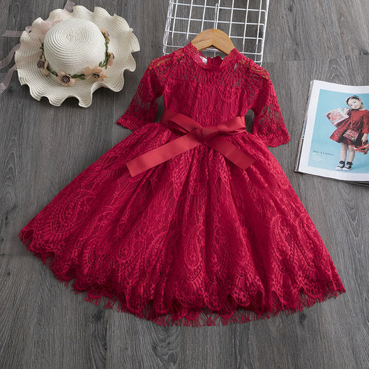 Girls Spring and Autumn Quarter Sleeve Lace Dress