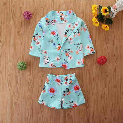 Girls Spring Western Style Flower Jacket And Shorts Suit