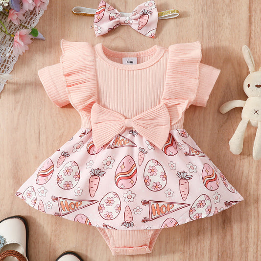 Baby's Easter Floral Egg Bow Two Pieces Triangle Romper