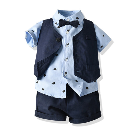 Boys Casual Star Short Sleeve Suit - Cotton Three-Piece Set