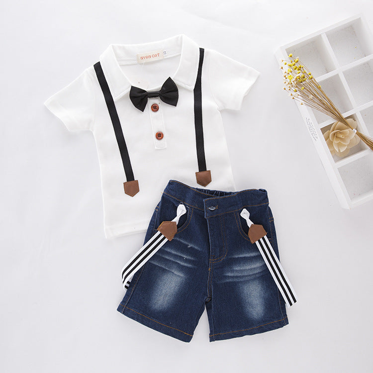 Boys Denim Shorts with Straps Short Sleeve Casual Set