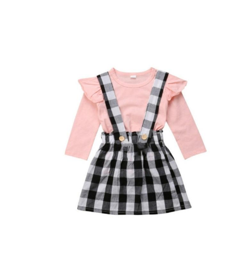 Girls Long-sleeved Solid Color T-shirt Plaid Dress Two-piece Set