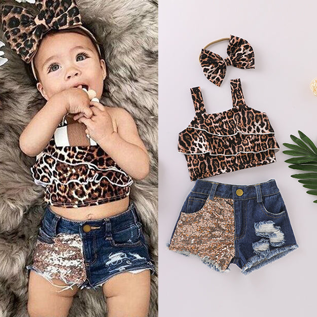 Girls Leopard Short Sleeve Summer 3pc Set