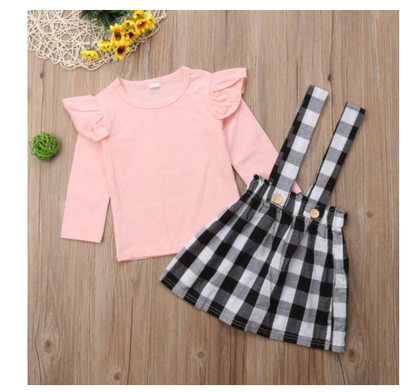 Girls Long-sleeved Solid Color T-shirt Plaid Dress Two-piece Set