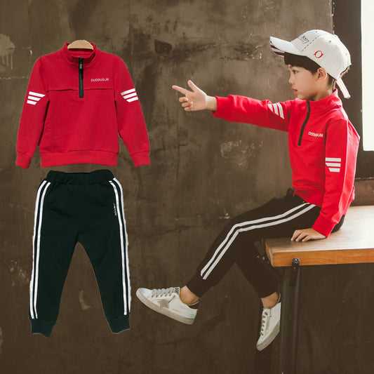 Boys leisure sports set with red long-sleeve pullover and black trousers, suitable for ages 8 and above, ideal for spring and autumn.