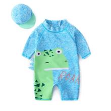 Boys one-piece swimwear with detachable cap and fun crocodile design.