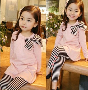 Girl Long Sleeve Bow Shirt Striped Leggings 2pc Set