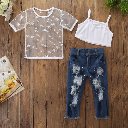 Toddler Girls Short Sleeve Star T-shirt Tops Hole Denim Pearl Jeans Set