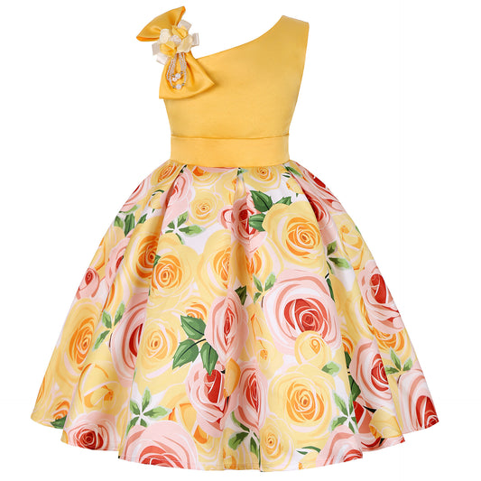 Girls Bow One Sleeve Floral Dress