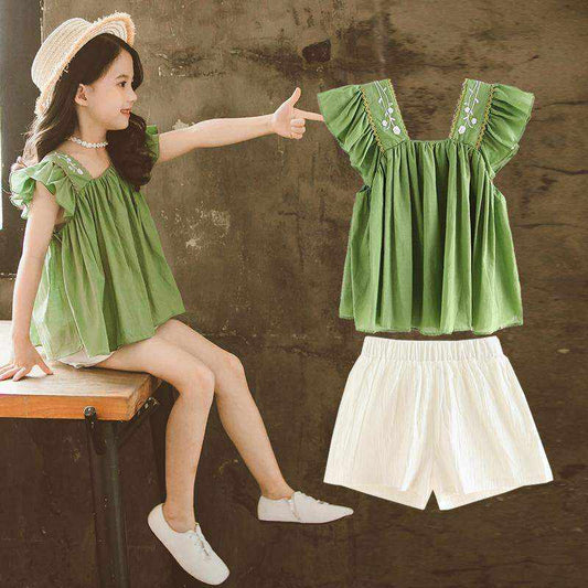 Girls Summer Fashionable Western Style Short-Sleeved Two-Piece Set