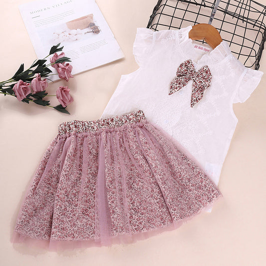 Trending Bowknot Shirt Floral Mesh Skirt 2pc Set