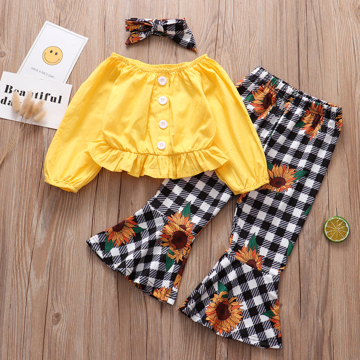 Plaid Sunflower  Yellow Long sleeve 3pc Set