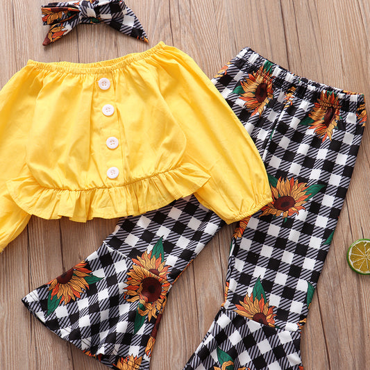 Plaid Sunflower  Yellow Long sleeve 3pc Set