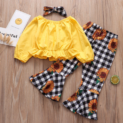 Plaid Sunflower  Yellow Long sleeve 3pc Set