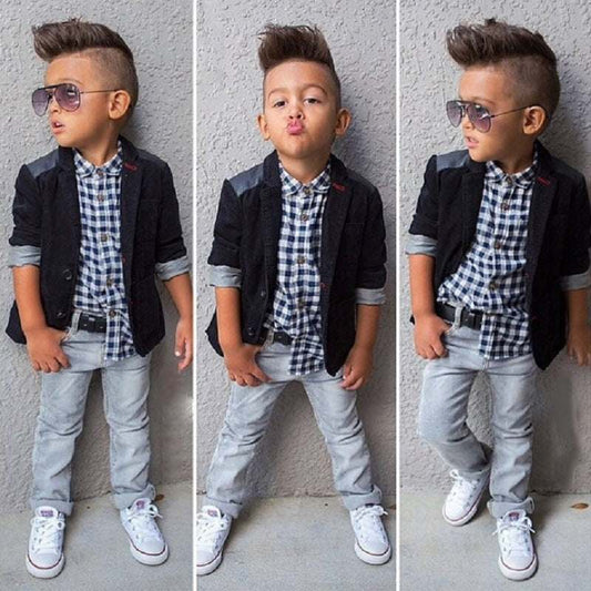 Boys casual jacket suit with jeans, featuring a cotton blend fabric, suitable for ages 2T to 8T.