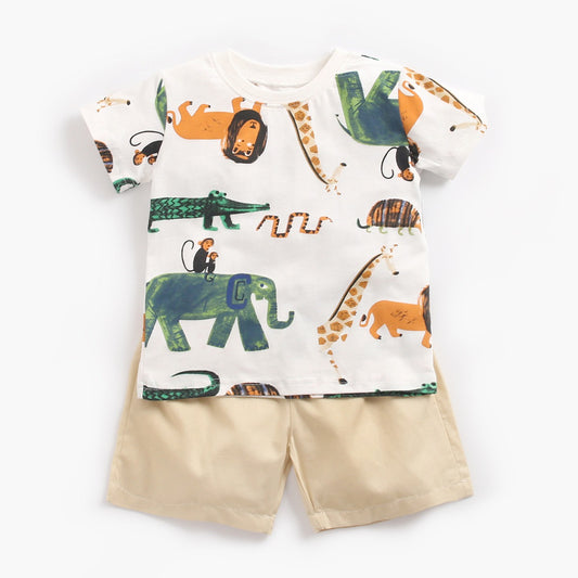 Baby Boy Animal Print Short Sleeve T-Shirt Khaki Shorts Two Piece Set