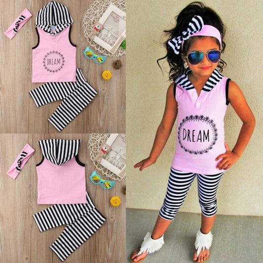 Toddler Baby Girl Hoodie Top Pants Striped Leggings Headband Outfit Set