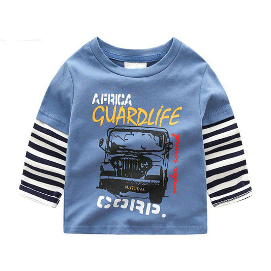 Boys long sleeve cotton shirt with cars and trucks print, blue with striped sleeves.