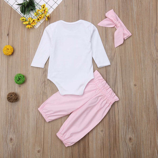 Baby girls 3pc long sleeve set with "I love Mom" design, includes white long sleeve shirt, pink pants, and matching headband, suitable for toddlers.