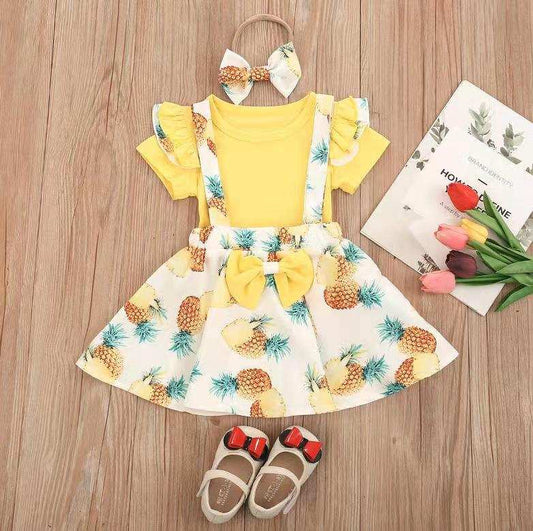 Girls Short Sleeve Bow Suspenders Dress Cute Design 3 piece Set