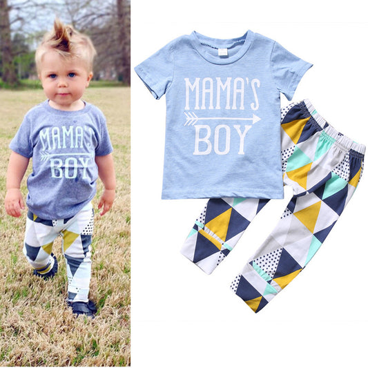 Mama's Boy Blue Letter Arrow Geometric Pants Baby Two-Piece Set