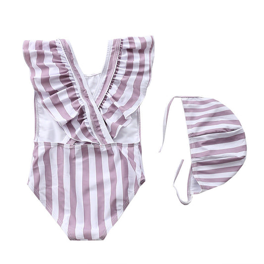 Plaid striped kids casual swimming suit with matching cap for girls aged 1-8.