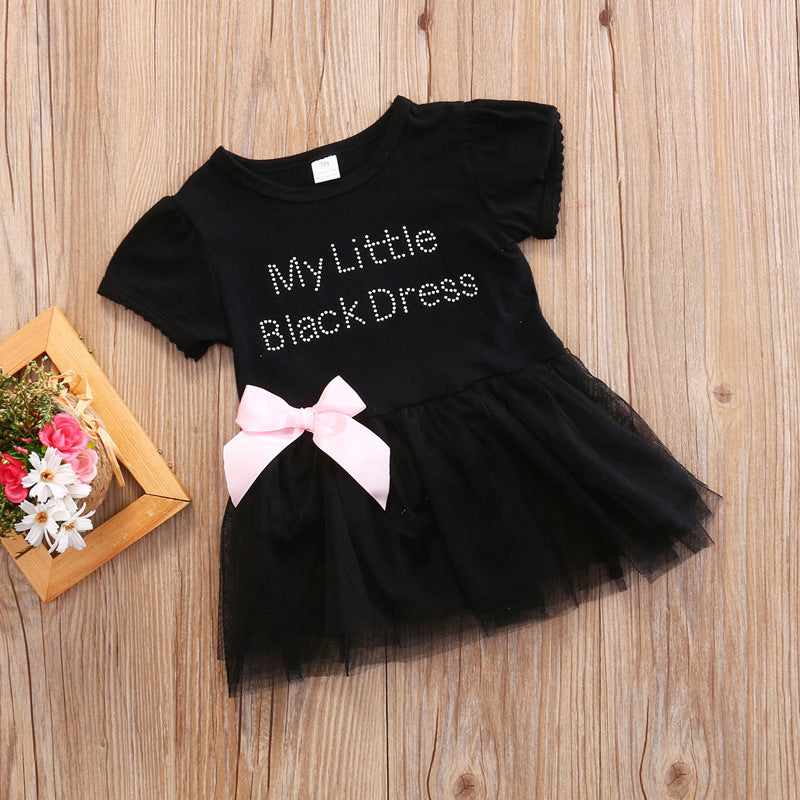 Girls Little Black Dress  Short Sleeve Onesie With A Bow