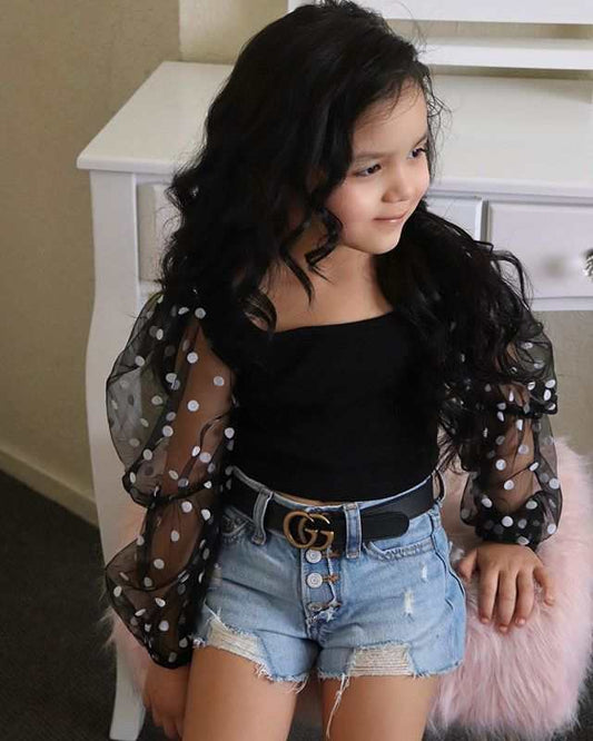 Girls dot mesh sleeves top and ripped denim shorts set for ages 3-8.