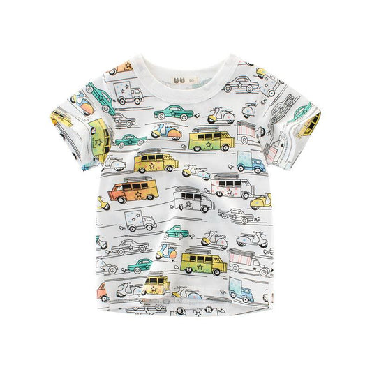 Summer boys short sleeved T-shirt with colorful full print design, made of cotton, featuring a round neck.