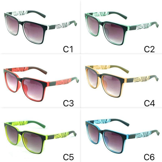 Square kids sports sunglasses in various colors including black, green, red, orange, yellow-green, and blue, featuring a sturdy plastic frame.