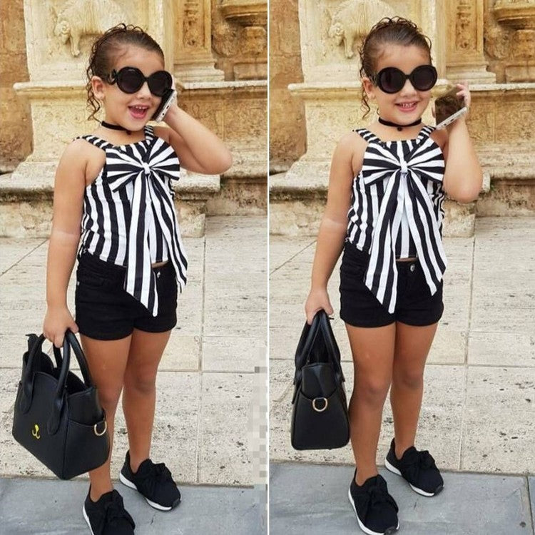 Girls Stripe Top Lace with Black Shorts 2 Piece Set