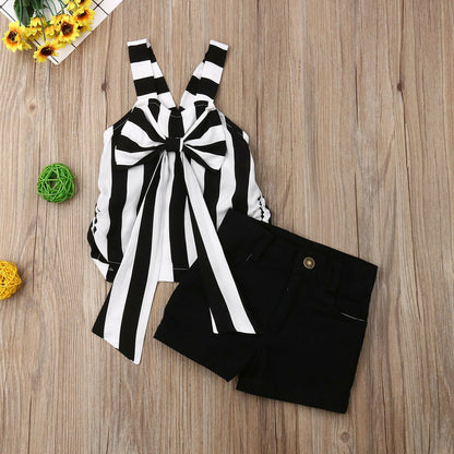 Girls Stripe Top Lace with Black Shorts 2 Piece Set